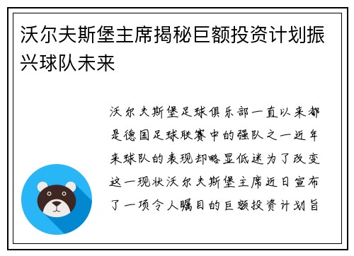 沃尔夫斯堡主席揭秘巨额投资计划振兴球队未来